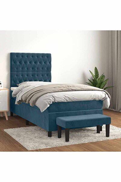 Concept Pat box spring cu saltea, albastru închis, 90x190 cm, catifea