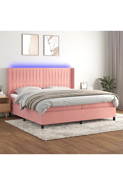 Concept Pat continental cu saltea & LED, roz, 200x200 cm, catifea