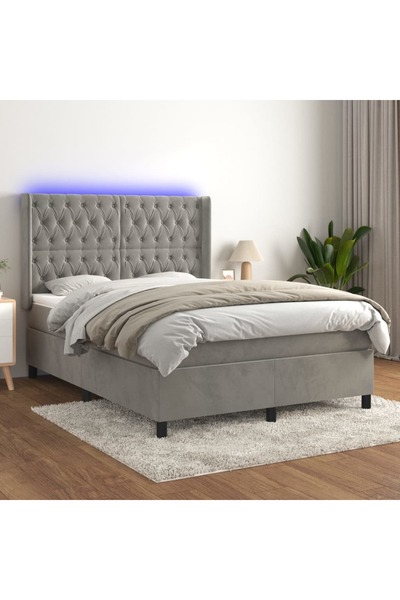 Concept Κρεβάτι Continental με στρώμα και LED ανοιχτό γκρι 140x190 εκ. Βελούδο