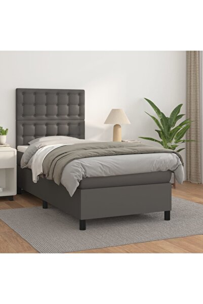 Concept Pat box spring cu saltea, gri, 90x200 cm, piele ecologică