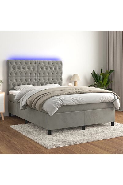 Concept Pat cu arcuri, saltea și LED, gri deschis, 140x200 cm, catifea