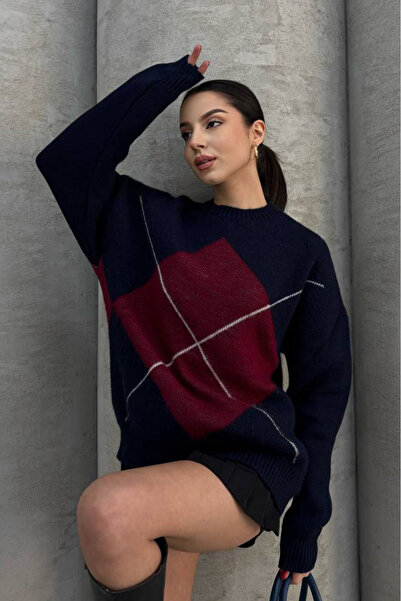 KECHİ WOMAN Diamond Pattern Oversized Sweater - Navy Blue Navy Blue