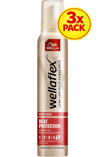 wellaflex 3x PACK Heat Protection Hair Mousse with Ultra Strong Hold, Hold 5/...