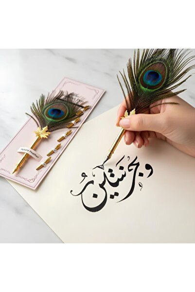 Wolawood Meşk Serisi Hakiki Tavus Kuşu Tüyü 5'li Yedek Uç Kalem Hat Sanatı Di...