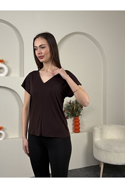 sahraozluk V-Neck Modal Coffee T-Shirt