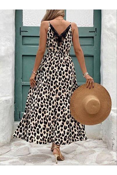 COjans Women's Rope Strap Round Neck V-Neck Back Slit Long Dress with Leopard...