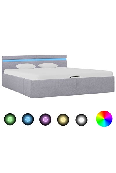 Concept Cadru pat hidraulic cu ladă LED gri deschis 180x200 cm textil