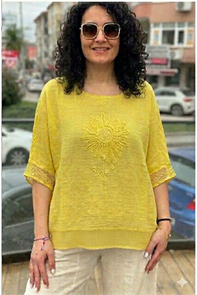 AYASOFYA OTANTIK Women's Yellow Round Collar Sunflower Embroidered Short Slee...
