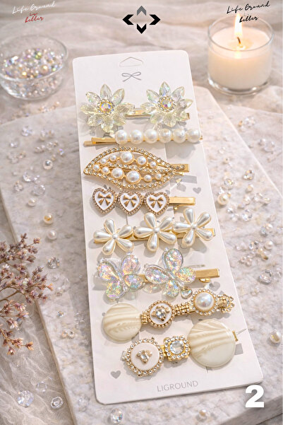 LİGROUND 8 Pcs Women's Hairpin Set Colorful Pearl Stone F Bow Detail Snap Buc...