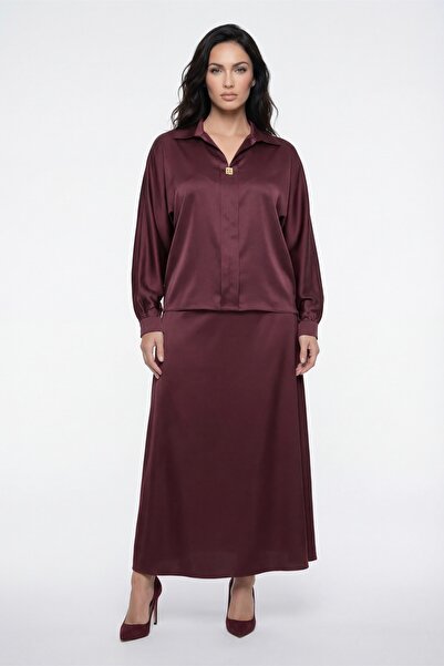 EXİTLİNE Women's Burgundy Summer Dress with Belt Accessories Satin Top and Bo...