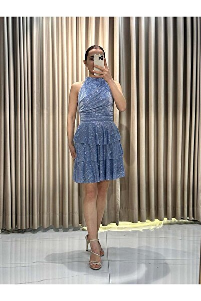 Kaleiçi Yıldızlar İndigo Simli Kumaş Mini Abiye Elbise |