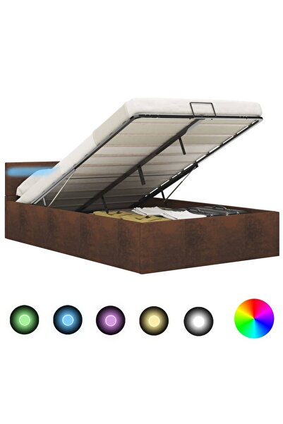 Concept Hydraulic bed frame with slatted bed base and LED, brown, 120 x 200 c...