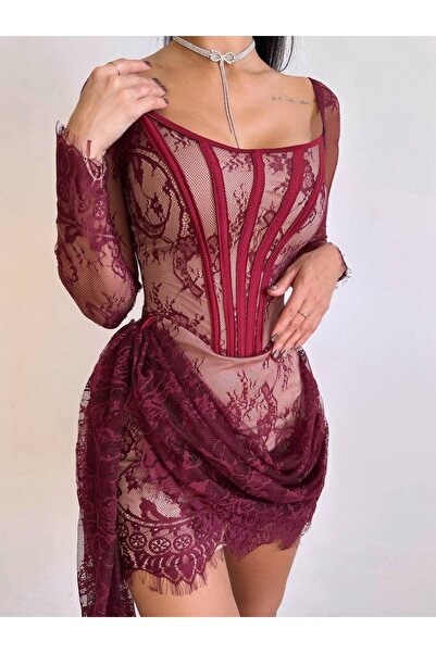 Elia Swimwear Burgundy Lace Corset Occasion Mini Dress Plump Lucia
