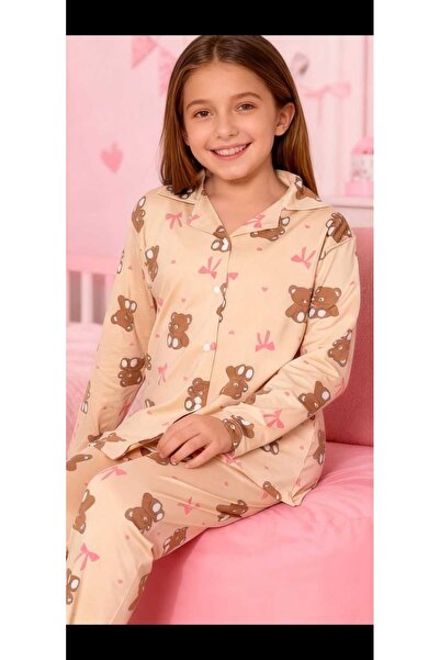 NiCe İç Giyim Cream Brown Color Teddy Bear Pattern Shirt Collar Buttoned Mila...