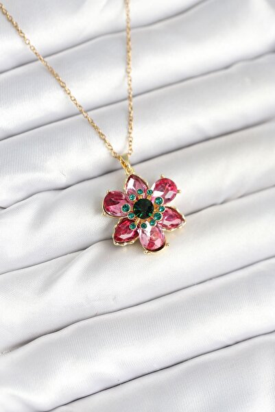 Inure Jewelry Pink Flower Model Women's Necklace with 316L Steel Chain