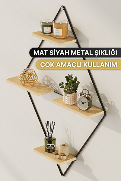 Bino Dekoratif Duvar Rafı Prizma Model 3 Katlı Metal Ahşap Raf Organizer Kitaplık Çok Amaçlı