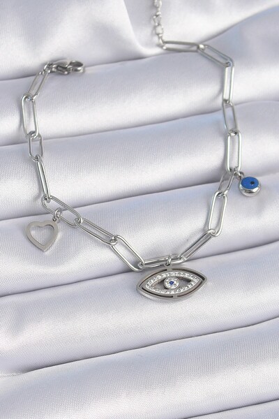 Inure Jewelry سوار نسائي من الفولاذ الفضي 316L مع حجر الزركون والعين والقلب ب...