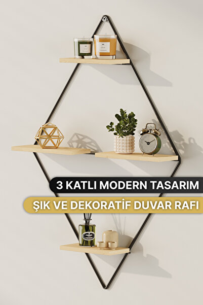Bino Dekoratif Duvar Rafı Prizma Model 3 Katlı Metal Ahşap Raf Organizer Kita...