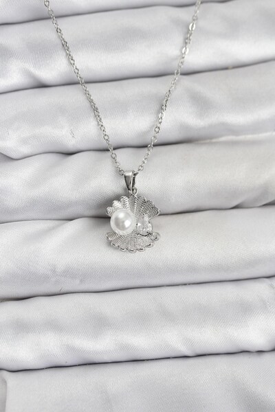 Inure Jewelry سلسلة فولاذية 316L فضية اللون موديل لؤلؤ المحار مع حجر الزركون ...