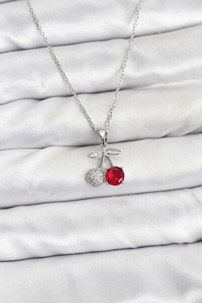 Inure Jewelry سلسلة فولاذية 316L فضية اللون موديل الكرز مع حجر الزركون للنساء