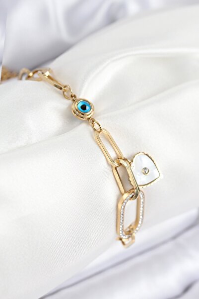 Inure Jewelry 316L Steel Evil Eye Bead and Zircon Stone Heart Model Gold Colo...