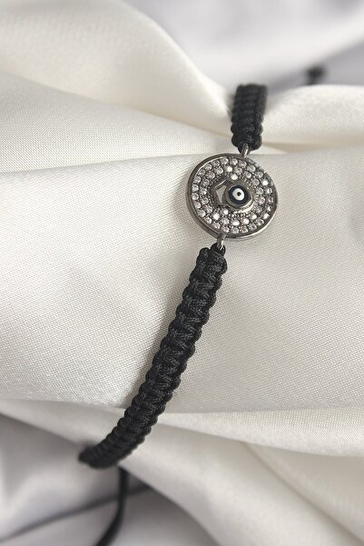 Inure Jewelry Brass Smoked Color Zircon Stone Evil Eye Bead Embroidered Macra...