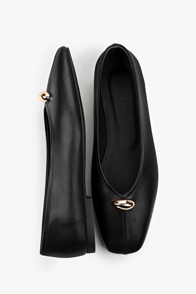 Shoeberry Women's Aurel Black Skin Gold Accessory Detail Ballet Flats