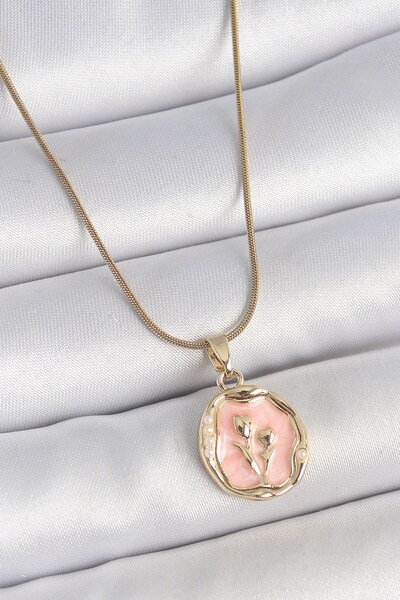 Inure Jewelry 316L الصلب سلسلة ذهبية اللون الوردي المينا زهرة مطرزة صورة نموذ...