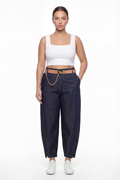 EXİTLİNE Women's Navy Blue Summer Pants with Belt Accessories Hem Detail Denim