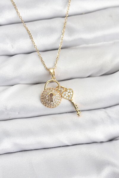 Inure Jewelry سلسلة فولاذية 316L ذهبية اللون مع قفل على شكل مفتاح مرصعة بحجر ...