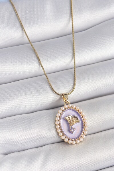 Inure Jewelry 316L الصلب سلسلة ذهبية اللون الأرجواني المينا اللؤلؤ الزركون حج...