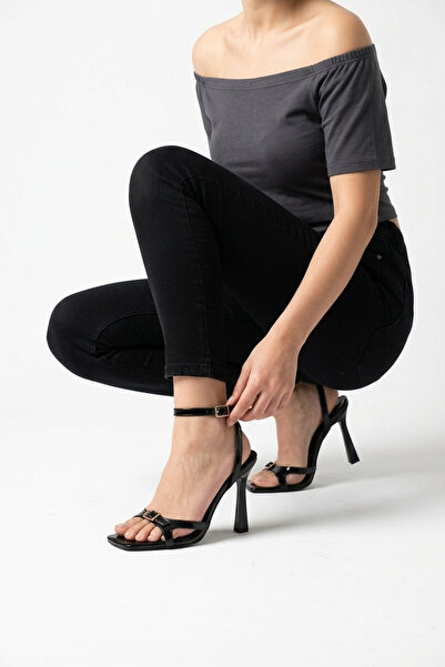 MİNNACE Black Patent Leather Square Toe Piece Open Toe Ankle-Tie 11 cm Thin H...