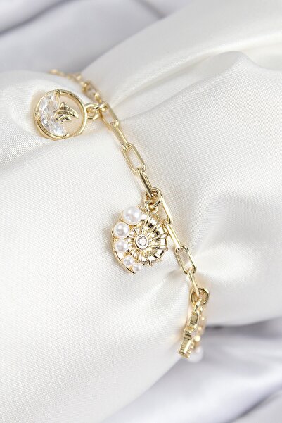 Inure Jewelry سوار نسائي من حجر الزركون والنحاس على شكل صدفة البحر باللون الذهبي