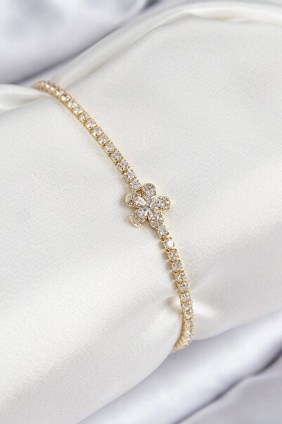 Inure Jewelry سوار نسائي من النحاس والزركون على شكل زهرة ذهبية اللون