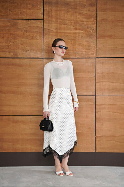 ASEDE Lace Detailed Polka Dot Midi Satin Skirt