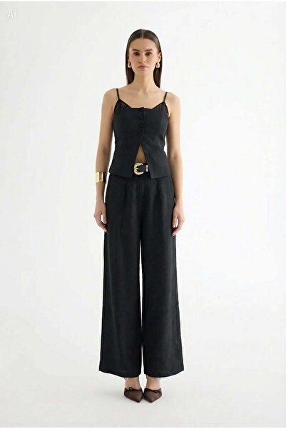 STALİ Παντελόνι Palazzo με διπλή ζώνη στη μέση, μαύρο