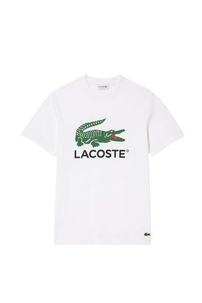 Lacoste تي شيرت رجالي ذو قصة عادية وياقة دائرية مطبوع باللون الأبيض TH1285.001
