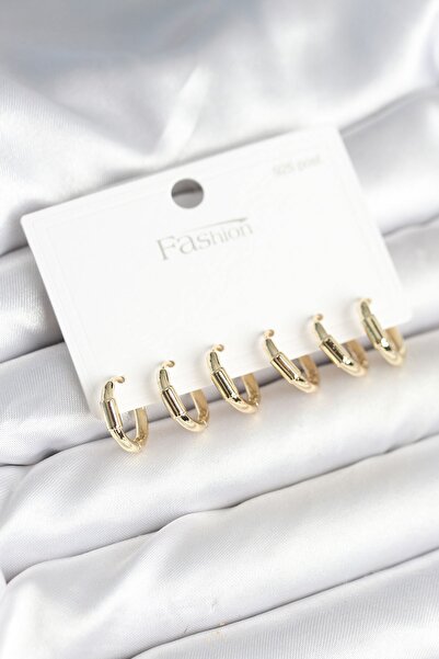 Inure Jewelry Gold Renk Pirinç Halka Model 925 Ayar Gümüş Çivili Kadın Küpe Seti