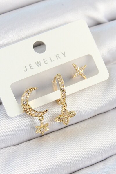 Inure Jewelry Brass Zircon Stone Flower and Moon Model Gold Color 3-Piece Dou...