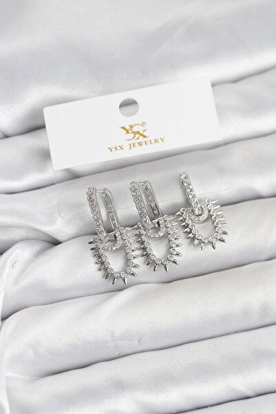 Inure Jewelry طقم أقراط YSX Trio من النحاس الفضي اللون مع أحجار الزركون بتصمي...