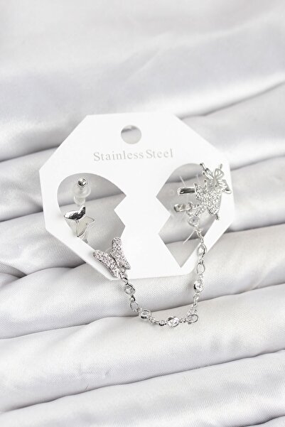 Inure Jewelry طقم أقراط على شكل فراشة من النحاس الفضي اللون مع سلسلة متصلة