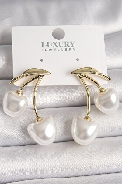 Inure Jewelry Brass Gold Color White Pearl Cherry Model Women's Earrings