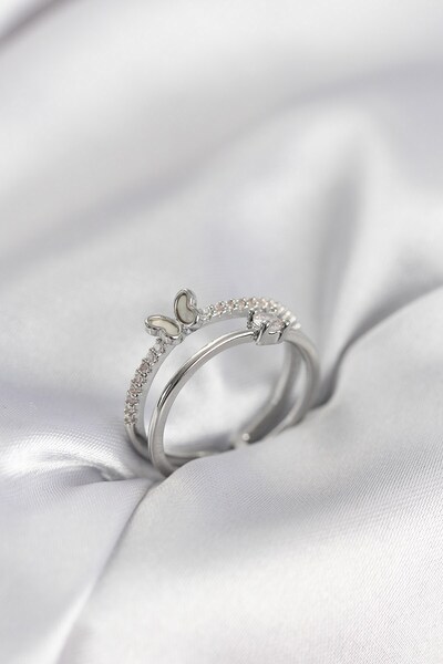 Inure Jewelry خاتم نسائي من حجر الزركون باللون الفضي مكون من قطعتين على شكل ف...