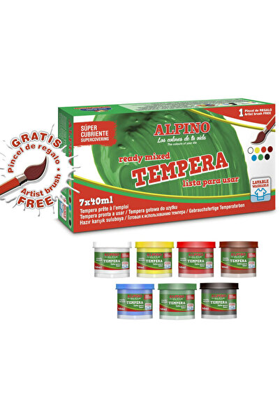 ALPİNGO Tempera lavabila, 7 culori x 40ml/cutie + pensula gratis, Alpino