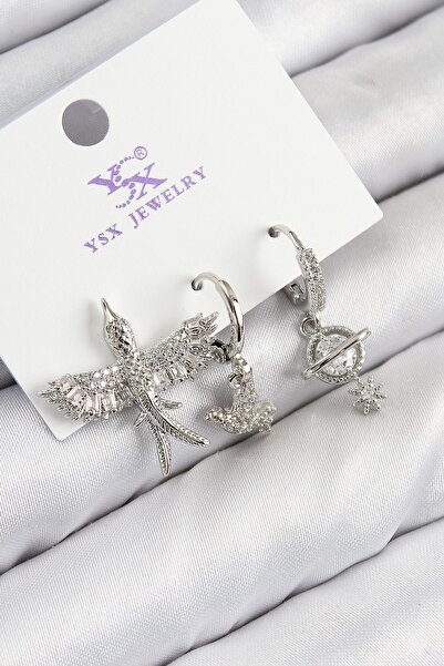 Inure Jewelry Brass Zircon Stone 3-Piece Bird Model Silver Color Women's Earr...