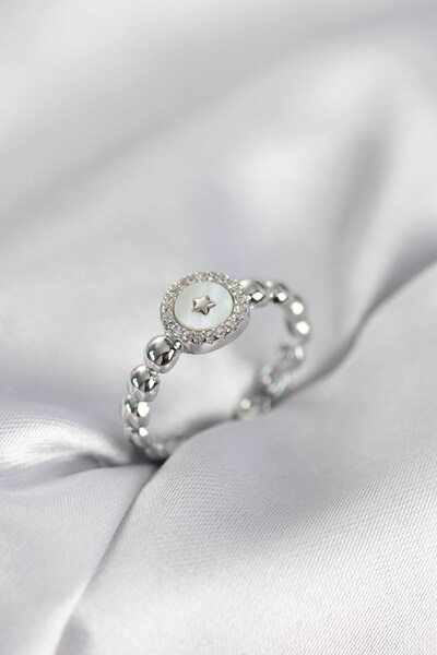 Inure Jewelry خاتم نسائي فضي اللون مرصع بحجر الزركون على شكل نجمة لؤلؤية