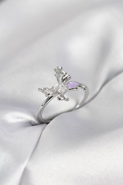 Inure Jewelry خاتم نسائي فضي اللون على شكل فراشة مرصع بحجر الزركون