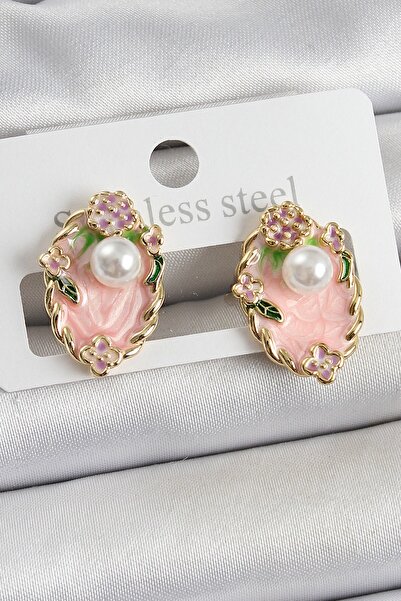 Inure Jewelry Brass Pink Enamel Pearl Detailed Artistic Portrait Model Gold C...