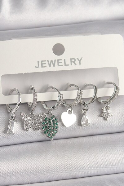 Inure Jewelry طقم أقراط نسائية متعددة الأشكال مصنوعة من النحاس الفضي مع أحجار...