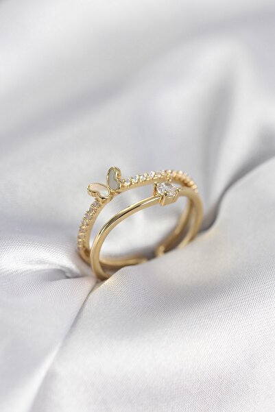 Inure Jewelry خاتم نسائي موديل فراشة مرصع بحجر الزركون مكون من قطعتين باللون ...